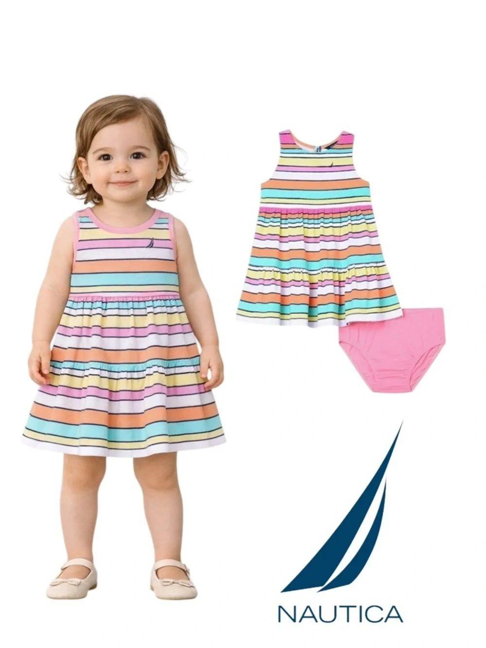 NAUTICA Kids Pink Patterned Sleeveless Dress with Bloomers NWT Size 12M